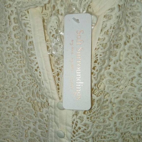 Soft Surroundings Lasalle Lace Floral Long Sleeve Sheer Ruffle Neck Cami Blouse - Picture 6 of 12